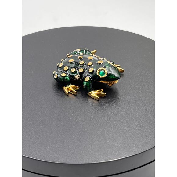 Ivana Trump Vintage Signed Green Enamel Rhinestone Eyes Gold Tone Brooch - Picture 4 of 8